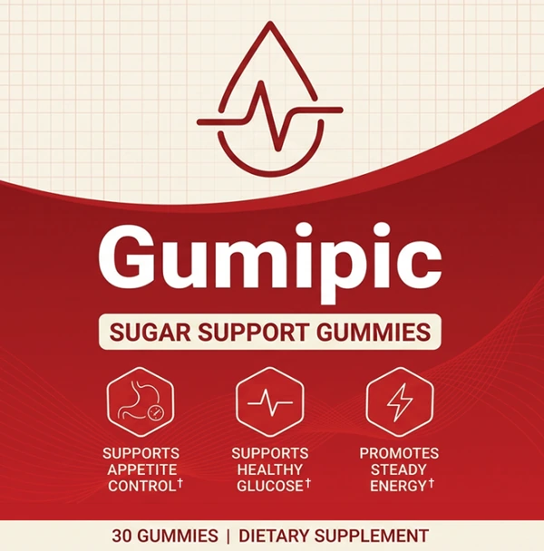 The front panel of the Gumipic label: the wordmark, the line Sugar Support Gummies, the three hexagons and the 30-gummy count